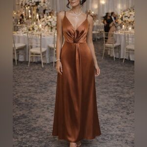 Revelry "Giada" Rust Satin Knot Maxi Dress